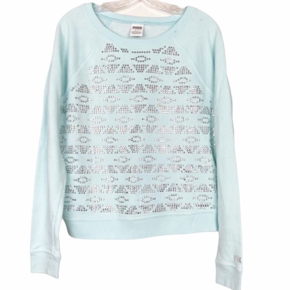 Victoria's Secret PINK Blue Bedazzled Crewneck Sweater Sz S